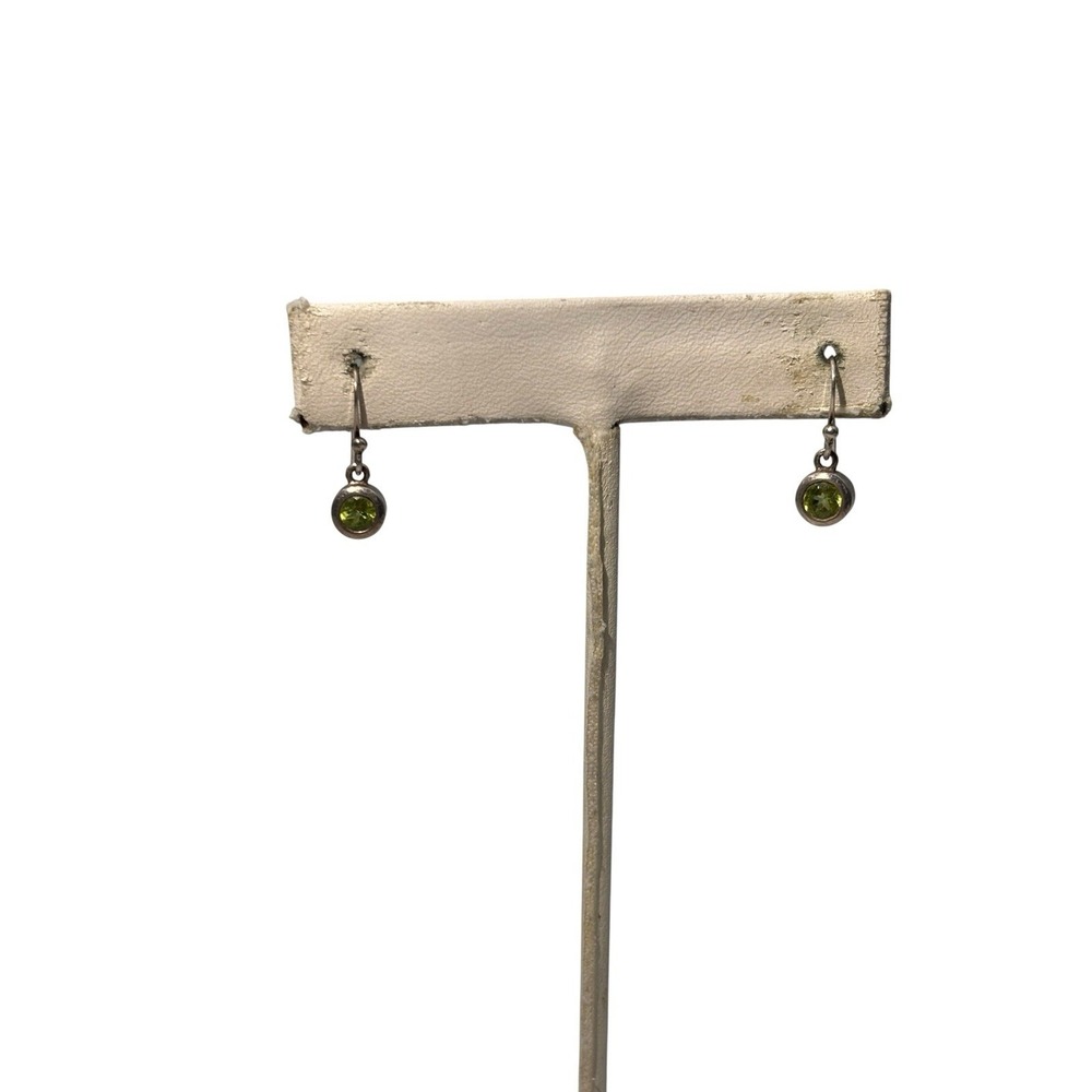 Vintage Sterling Silver Bezel Green Peridot Petite Drop Dangle Pierced Earrings